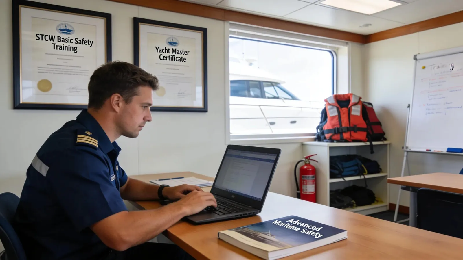 Yacht crew member undergoing training with certifications and safety focus