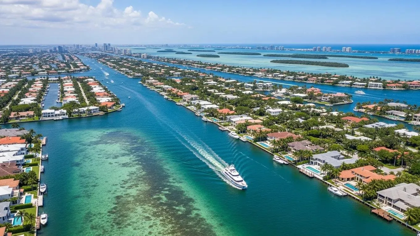 Aerial view of Fort Lauderdale's scenic waterways with yachts and luxury homes