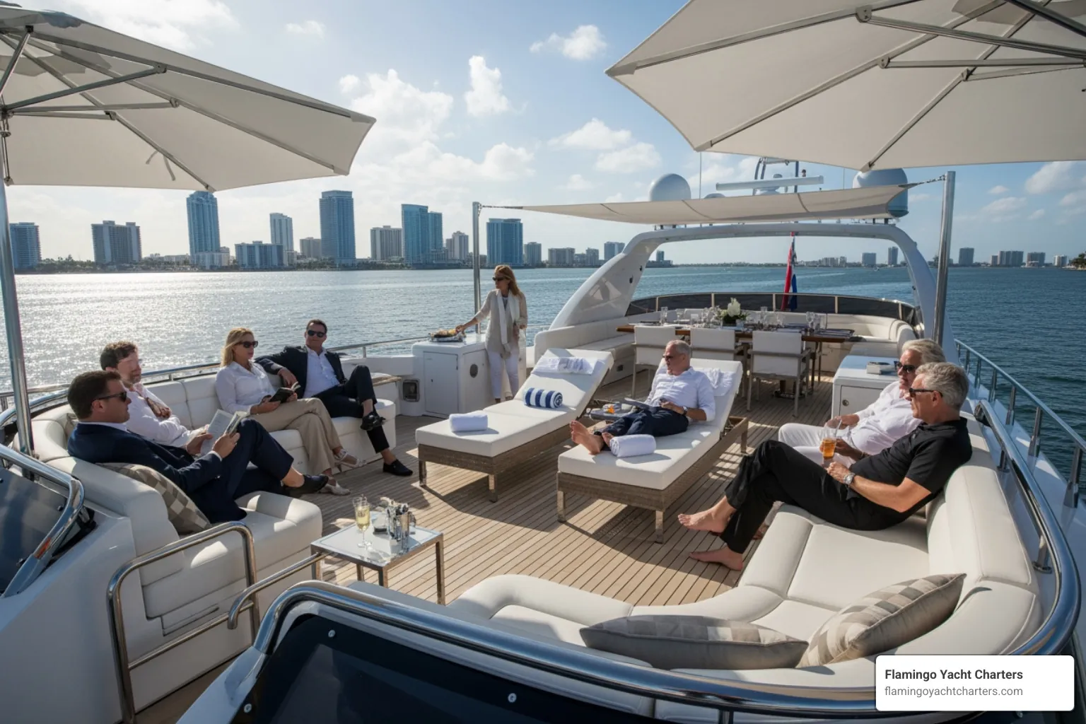 Guests relaxing on a spacious yacht deck with comfortable seating and shaded areas, enjoying the Fort Lauderdale skyline in the background - all-inclusive booze cruise Fort Lauderdale Guests relaxing on a spacious yacht deck with comfortable seating and shaded areas, enjoying the Fort Lauderdale skyline in the background - all-inclusive booze cruise Fort Lauderdale