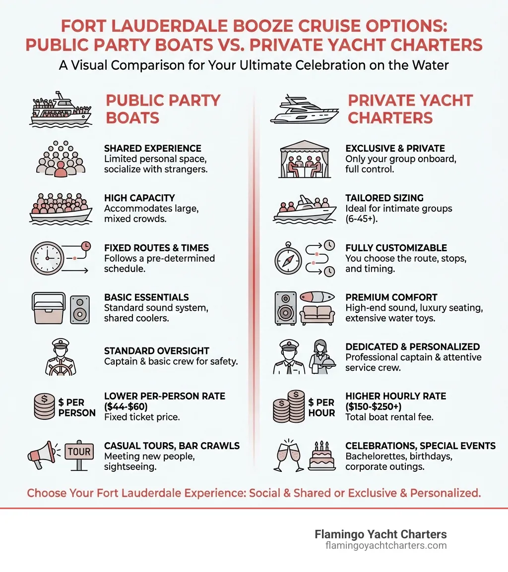 Infographic comparing public party boats versus private yacht charters in Fort Lauderdale, showing differences in privacy level, guest capacity, itinerary flexibility, onboard amenities, crew service, cost structure, and ideal use cases for celebrations - all-inclusive booze cruise Fort Lauderdale infographic Infographic comparing public party boats versus private yacht charters in Fort Lauderdale, showing differences in privacy level, guest capacity, itinerary flexibility, onboard amenities, crew service, cost structure, and ideal use cases for celebrations - all-inclusive booze cruise Fort Lauderdale infographic