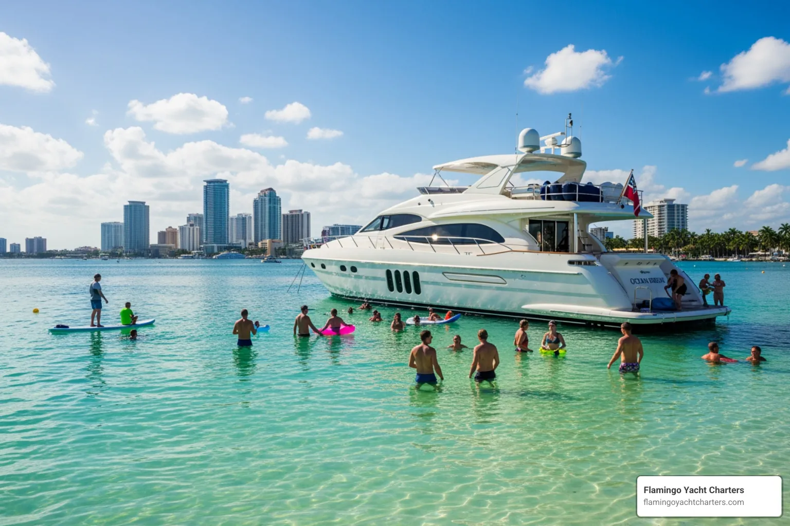 a yacht anchored at the Fort Lauderdale sandbar with guests swimming in clear water - all-inclusive booze cruise Fort Lauderdale a yacht anchored at the Fort Lauderdale sandbar with guests swimming in clear water - all-inclusive booze cruise Fort Lauderdale