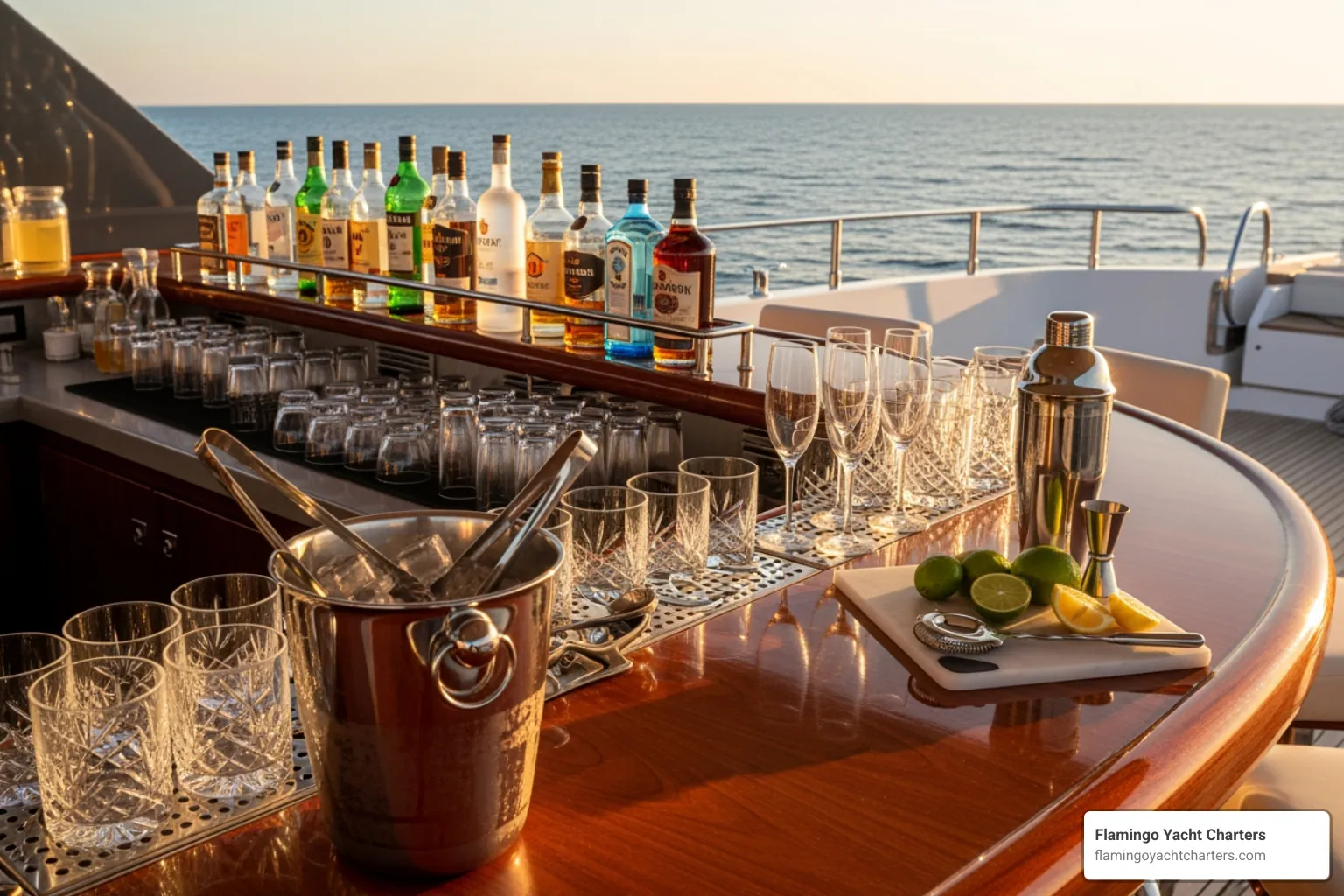A stylish onboard bar setup on a private yacht, with elegant glassware and a selection of premium spirits - boat party today