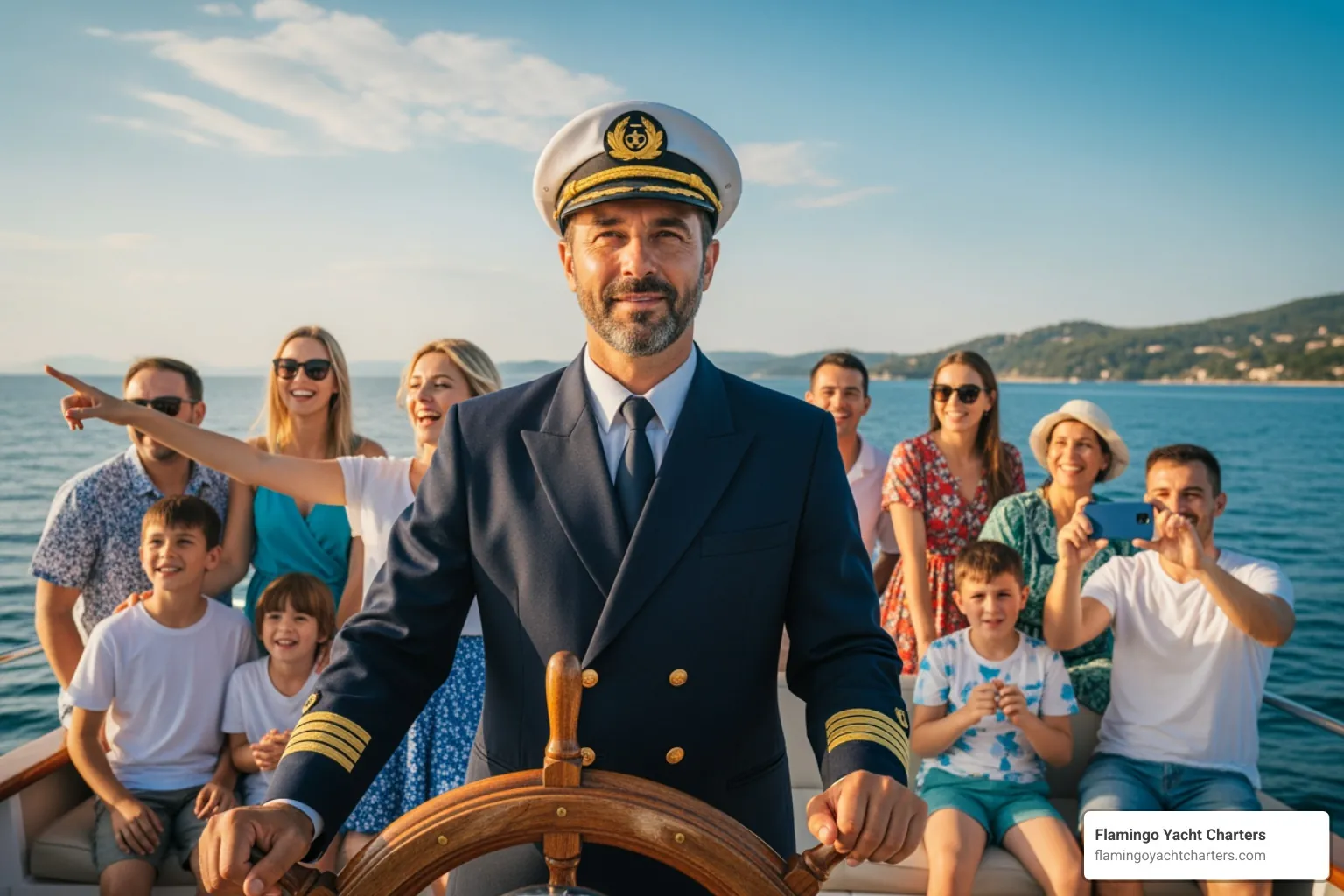 image of a professional captain at the helm with smiling guests in the background - boat rentals Fort Lauderdale prices image of a professional captain at the helm with smiling guests in the background - boat rentals Fort Lauderdale prices