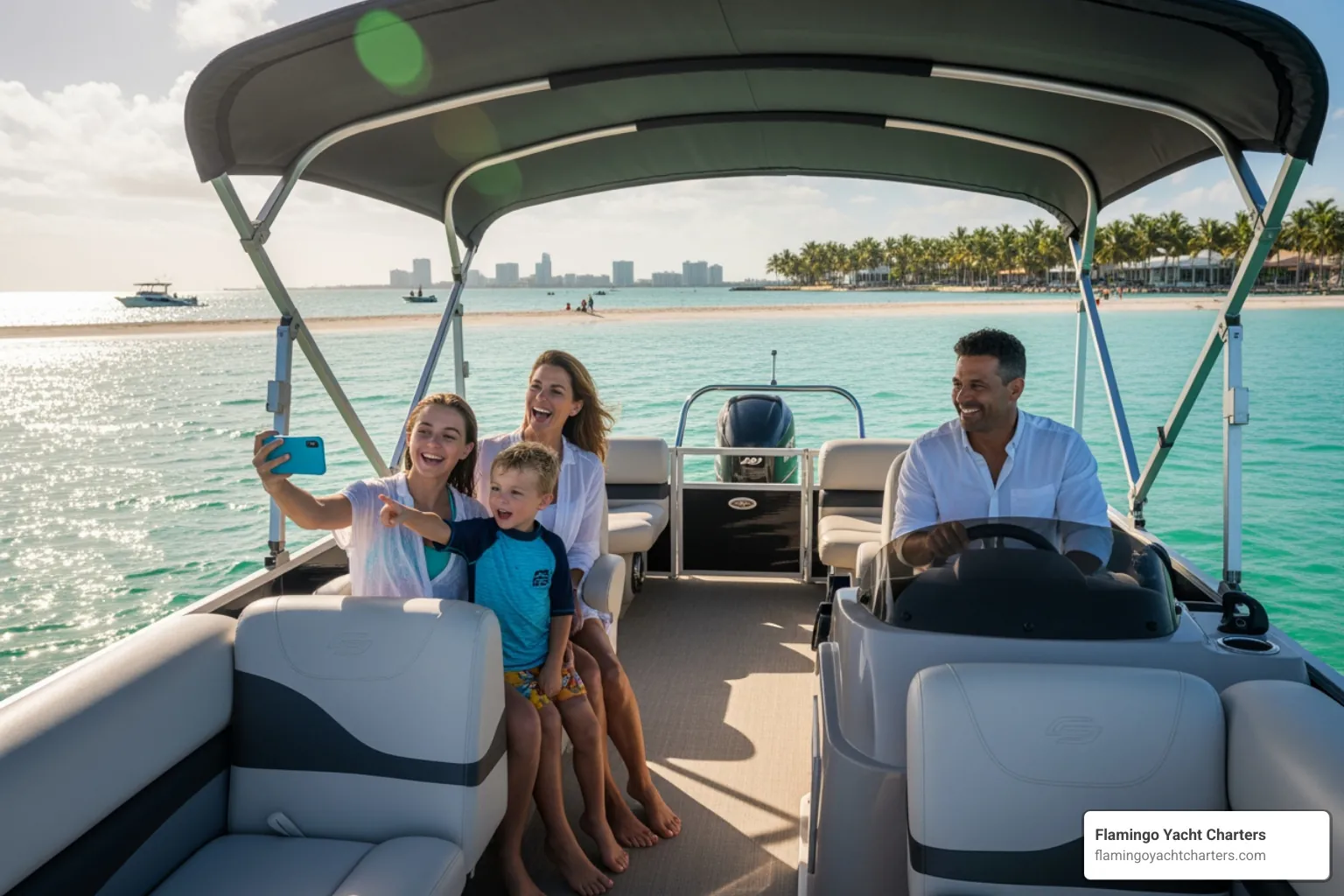 Image of a family on a pontoon near a sandbar - boat rentals Fort Lauderdale prices Image of a family on a pontoon near a sandbar - boat rentals Fort Lauderdale prices