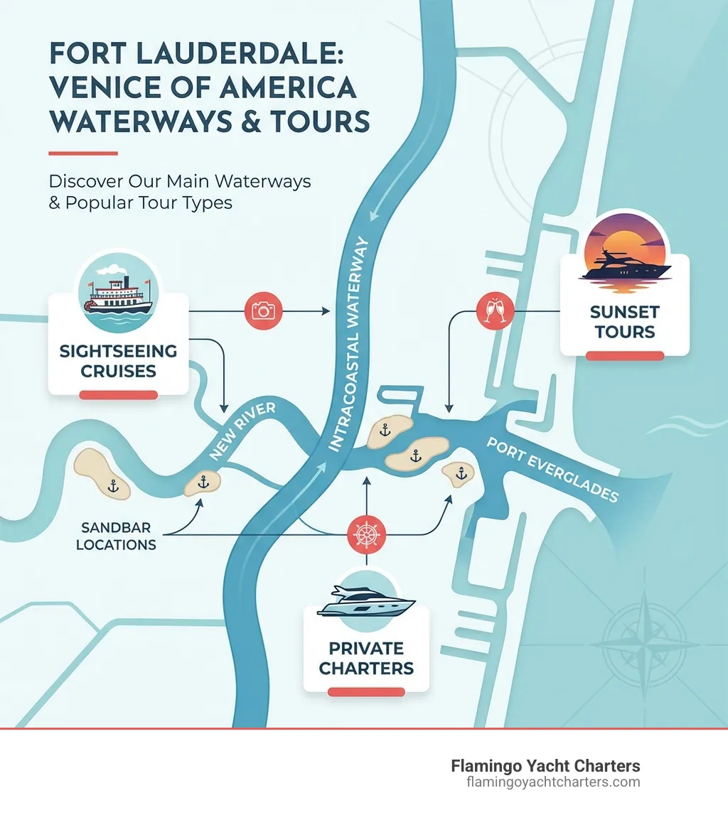 Infographic showing Fort Lauderdale's main waterways including the Intracoastal Waterway, New River, Port Everglades, and popular sandbar locations, with icons representing different tour types like sightseeing cruises, sunset tours, and private charters - boat tours in Fort Lauderdale florida infographic