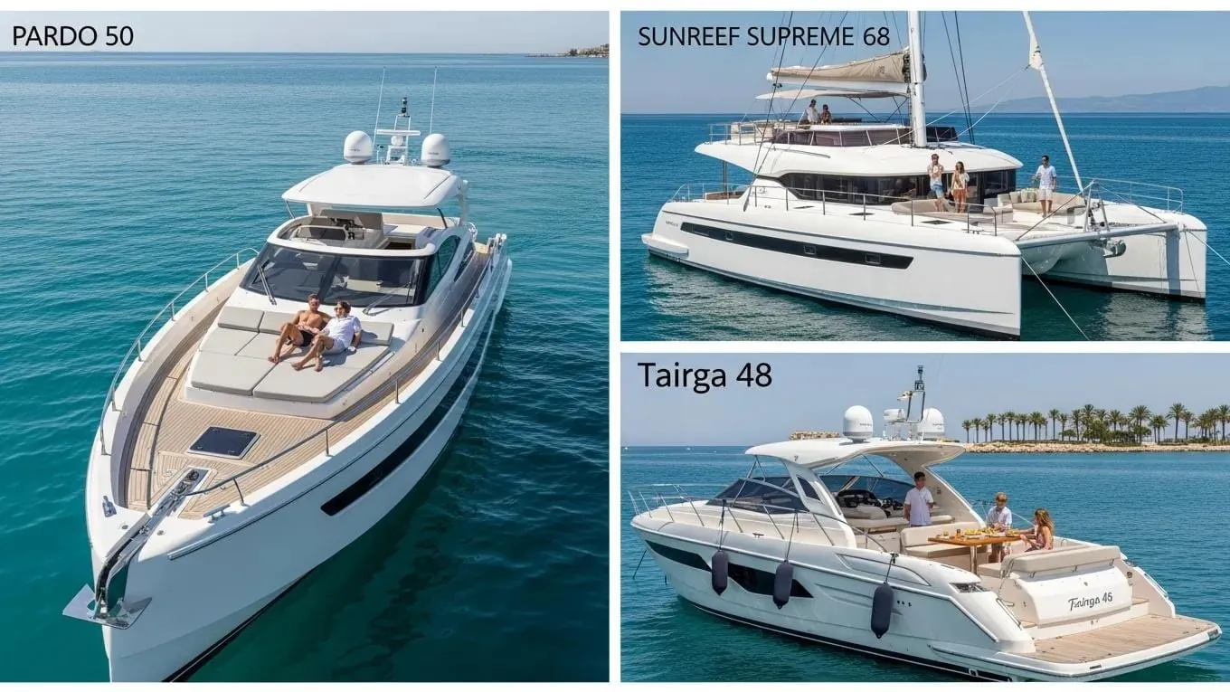Collage of luxury yachts showcasing features and capacities available for half-day charters in Fort Lauderdale