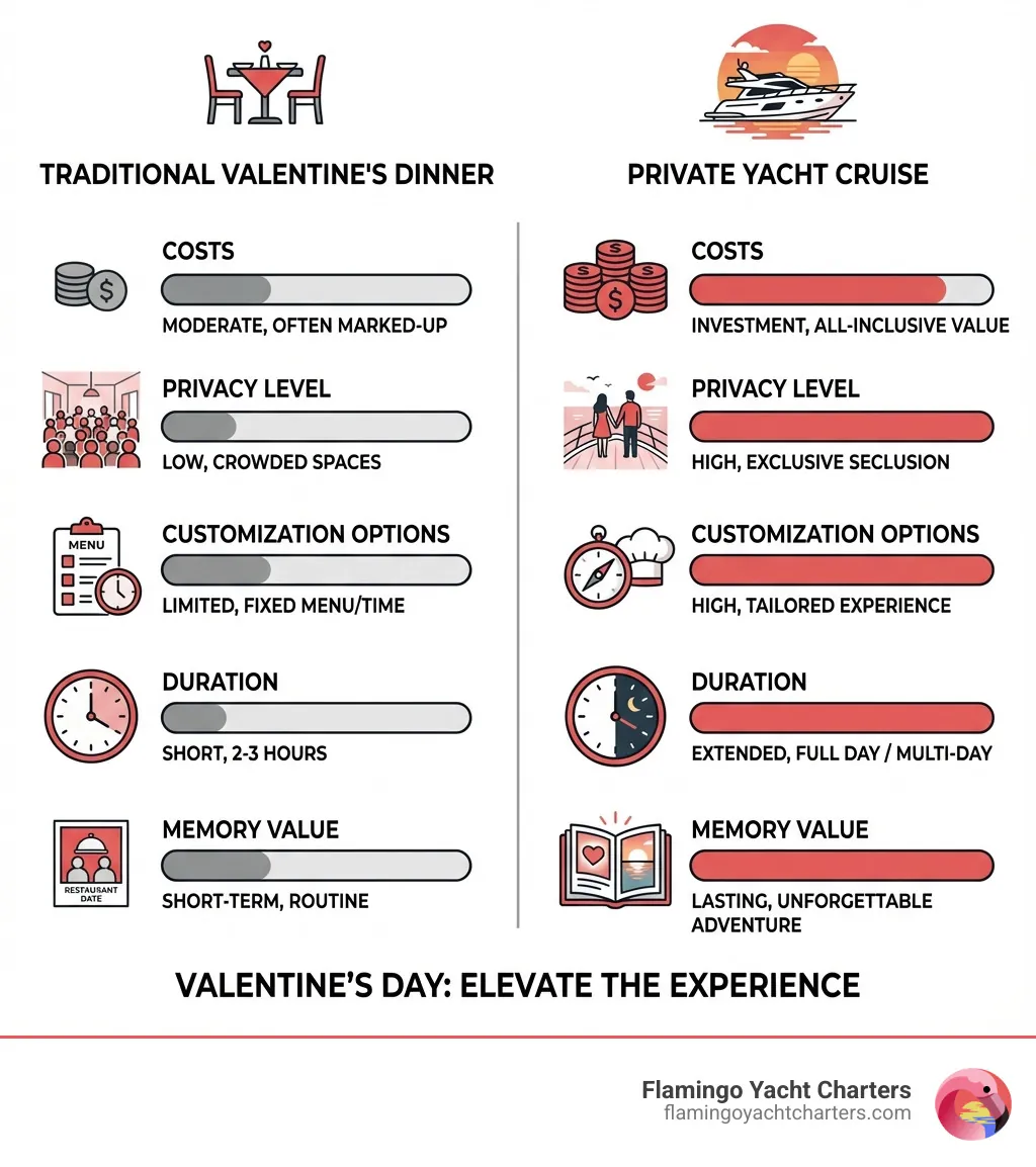 Infographic showing comparison between traditional Valentine's dinner versus private yacht cruise including costs privacy level customization options duration and memory value - cruise Valentine's Day infographic
