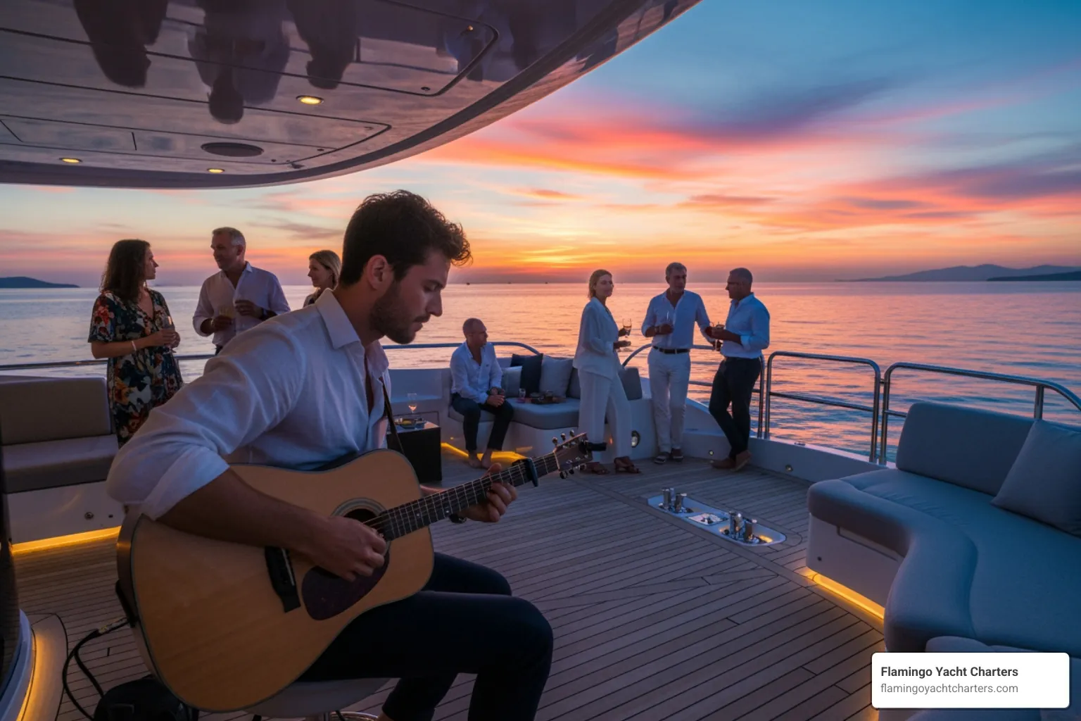 Live musician performing on deck as guests enjoy the sunset - Father's Day dinner cruise