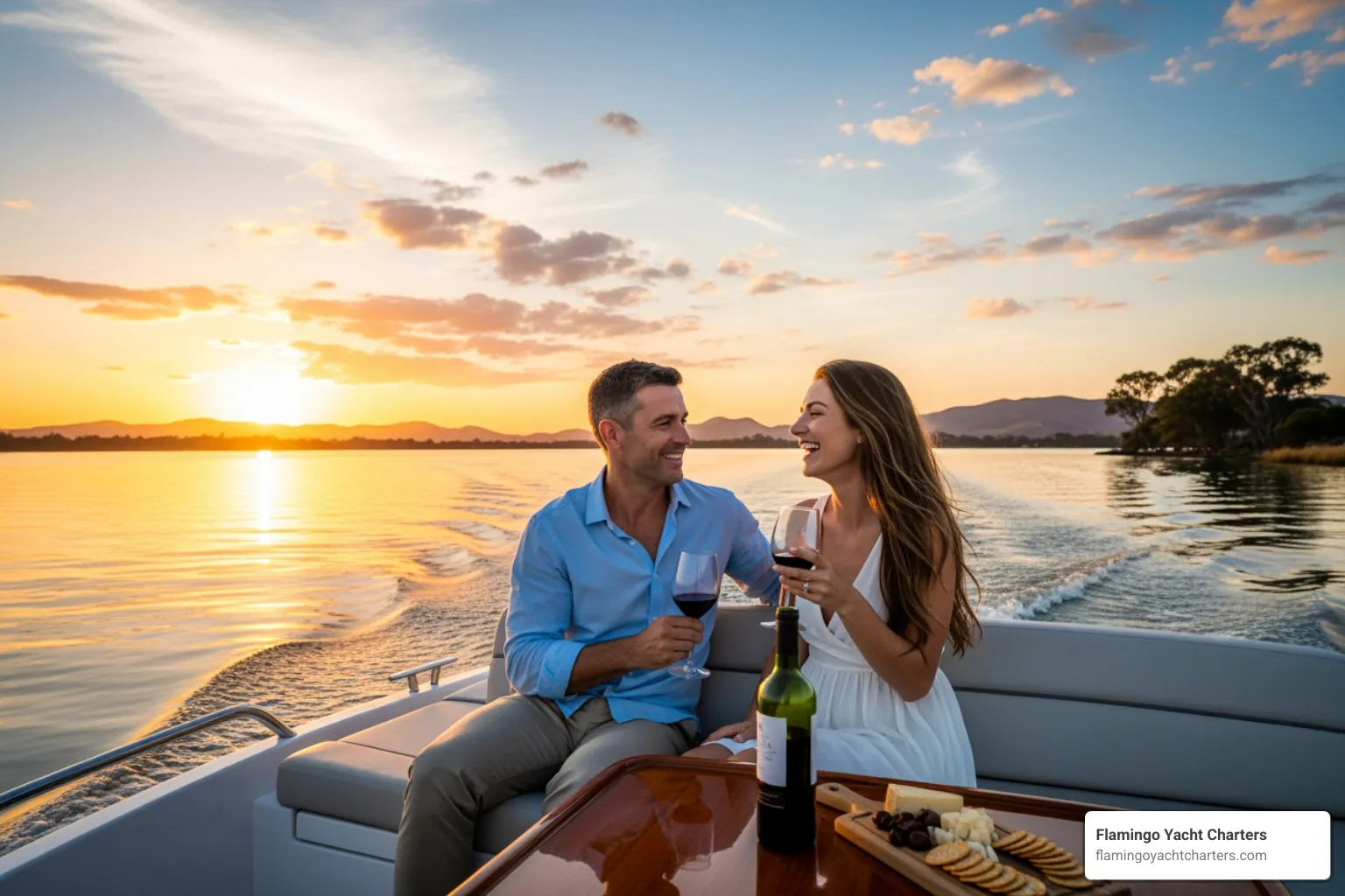 Couple enjoying wine on a private boat - Fort Lauderdale boat ride in Fort Lauderdale intimate waterway tours Couple enjoying wine on a private boat - Fort Lauderdale boat ride in Fort Lauderdale intimate waterway tours
