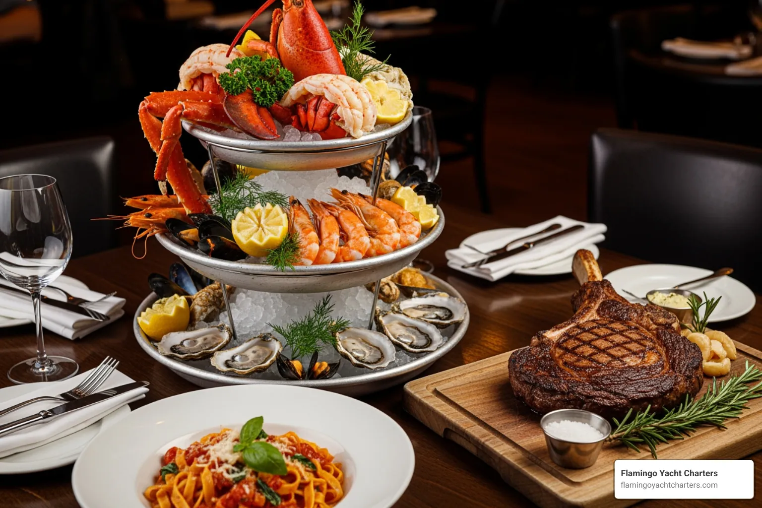 beautifully plated seafood tower next to a dry-aged steak and a bowl of handmade pasta - Fort Lauderdale fine dining beautifully plated seafood tower next to a dry-aged steak and a bowl of handmade pasta - Fort Lauderdale fine dining