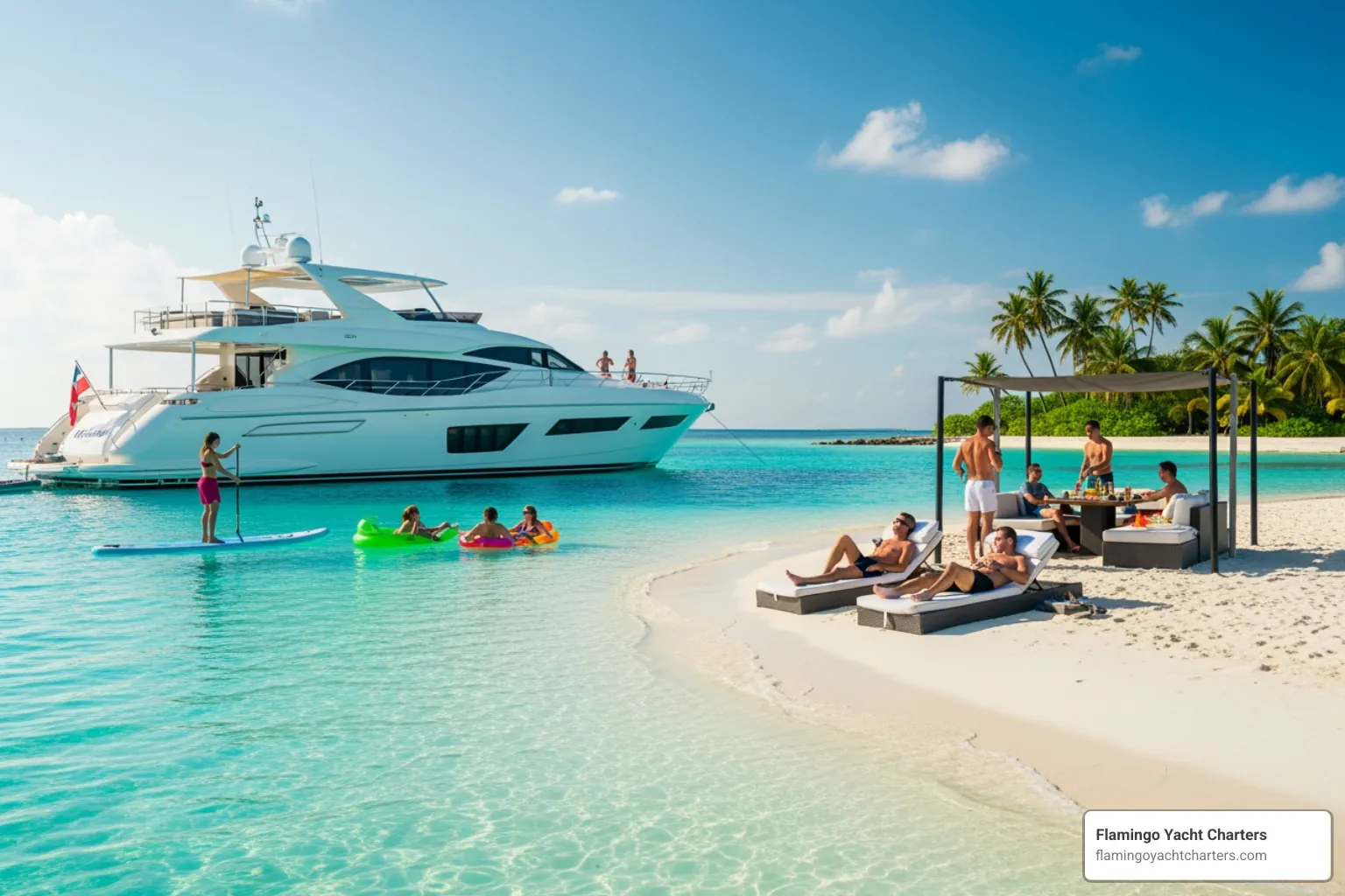 Spacious yacht anchored near a sandbar, guests lounging and swimming; Modern yachts; Mini-yachts; Passenger capacity for small and large groups (up to 49 guests); Onboard amenities designed for comfort and celebration. - Fort Lauderdale party boat rentals Spacious yacht anchored near a sandbar, guests lounging and swimming; Modern yachts; Mini-yachts; Passenger capacity for small and large groups (up to 49 guests); Onboard amenities designed for comfort and celebration. - Fort Lauderdale party boat rentals