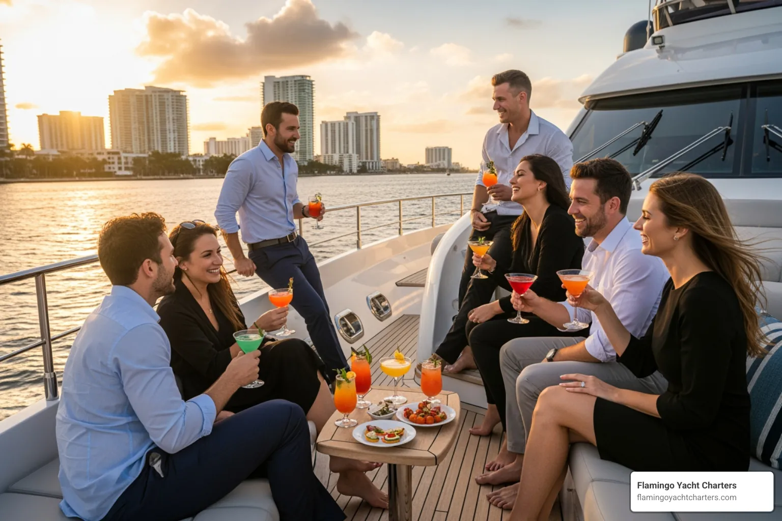 Group of friends enjoying cocktails and conversation on the deck of a modern yacht, Fort Lauderdale skyline and waterways in the background; Relaxed, upscale atmosphere; Private yacht charter; Intracoastal Waterway. - Fort Lauderdale party boat rentals Group of friends enjoying cocktails and conversation on the deck of a modern yacht, Fort Lauderdale skyline and waterways in the background; Relaxed, upscale atmosphere; Private yacht charter; Intracoastal Waterway. - Fort Lauderdale party boat rentals