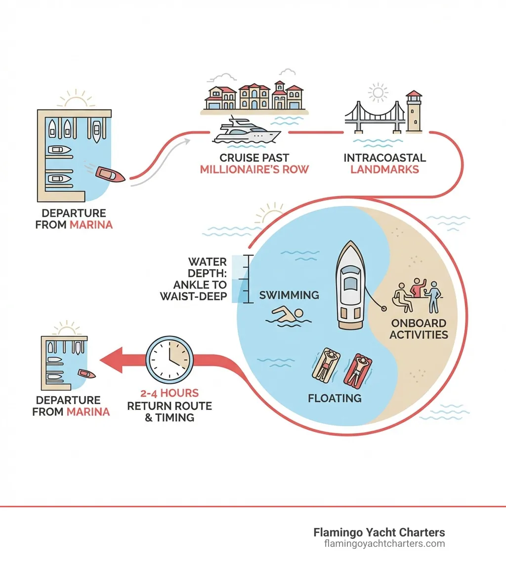 Infographic showing the journey of a Fort Lauderdale sandbar tour: departure from marina, cruise past Millionaire's Row and Intracoastal landmarks, arrival at sandbar with water depth indicators, onboard activities like swimming and floating, and return route with timing options for 2-4 hour charters - Fort Lauderdale sandbar tour infographic