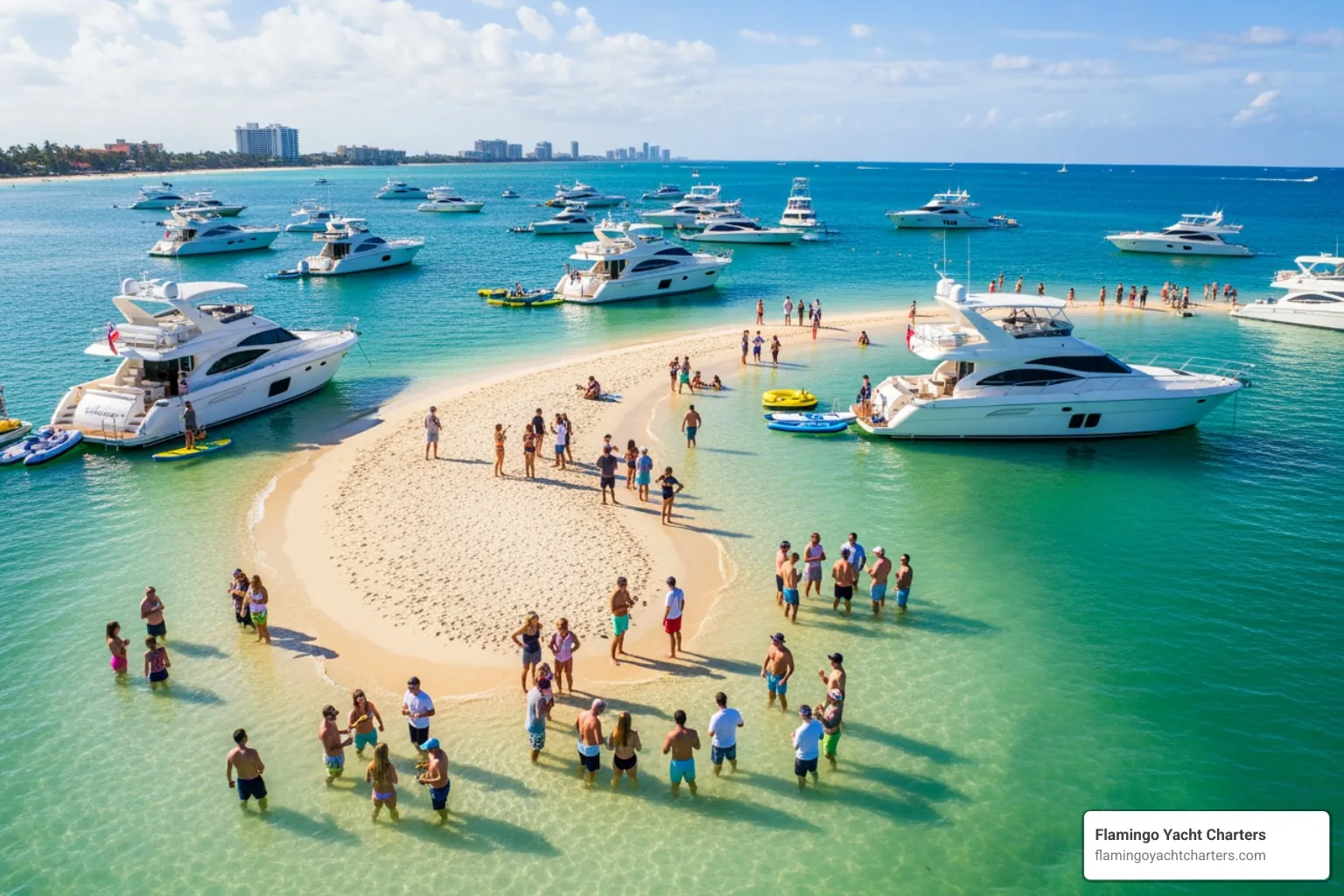 aerial view of the Fort Lauderdale sandbar with several yachts and groups - Fort Lauderdale sandbar tour