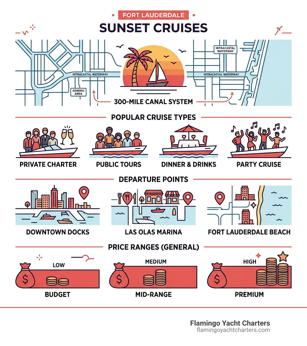 Infographic showing Fort Lauderdale's 300-mile canal system, top sunset cruise types, departure points, and price ranges Infographic showing Fort Lauderdale's 300-mile canal system, top sunset cruise types, departure points, and price ranges