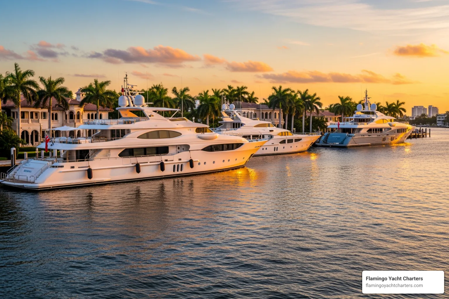 Mega yachts docked along Millionaire’s Row in Fort Lauderdale at sunset - Fort Lauderdale sunset cruise Mega yachts docked along Millionaire’s Row in Fort Lauderdale at sunset - Fort Lauderdale sunset cruise