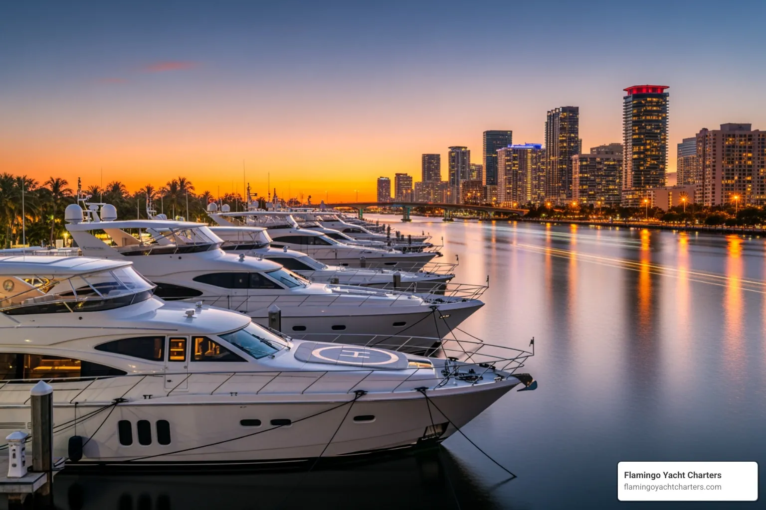 Luxury yachts docked along the Intracoastal, city lights reflecting on the water - Fort Lauderdale waterways tour Luxury yachts docked along the Intracoastal, city lights reflecting on the water - Fort Lauderdale waterways tour