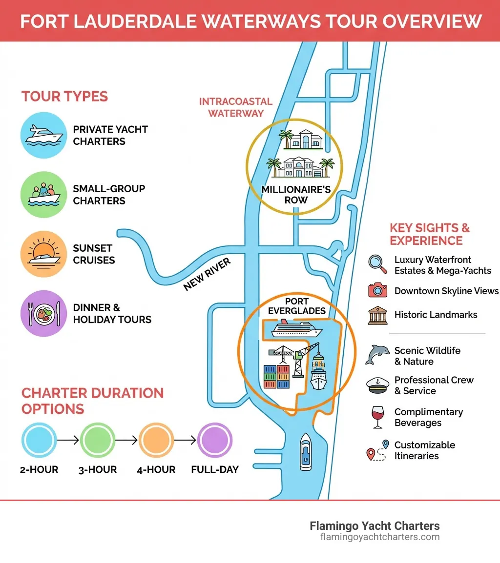 Fort Lauderdale waterways tour overview Infographic showing key routes, landmarks, and tour types including Intracoastal Waterway, New River, Millionaire's Row, Port Everglades, and charter duration options - Fort Lauderdale waterways tour infographic Fort Lauderdale waterways tour overview Infographic showing key routes, landmarks, and tour types including Intracoastal Waterway, New River, Millionaire's Row, Port Everglades, and charter duration options - Fort Lauderdale waterways tour infographic