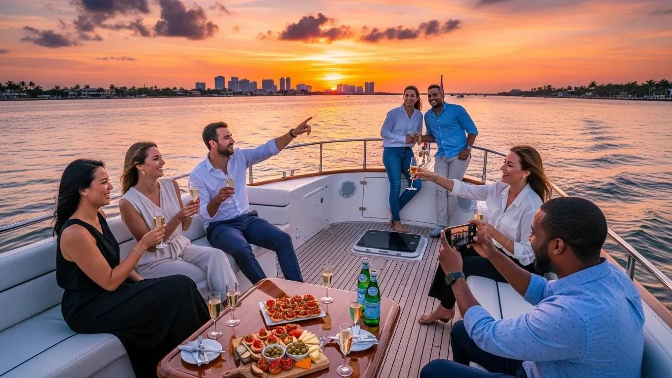 Group enjoying a sunset cruise in Fort Lauderdale's waterways Group enjoying a sunset cruise in Fort Lauderdale's waterways