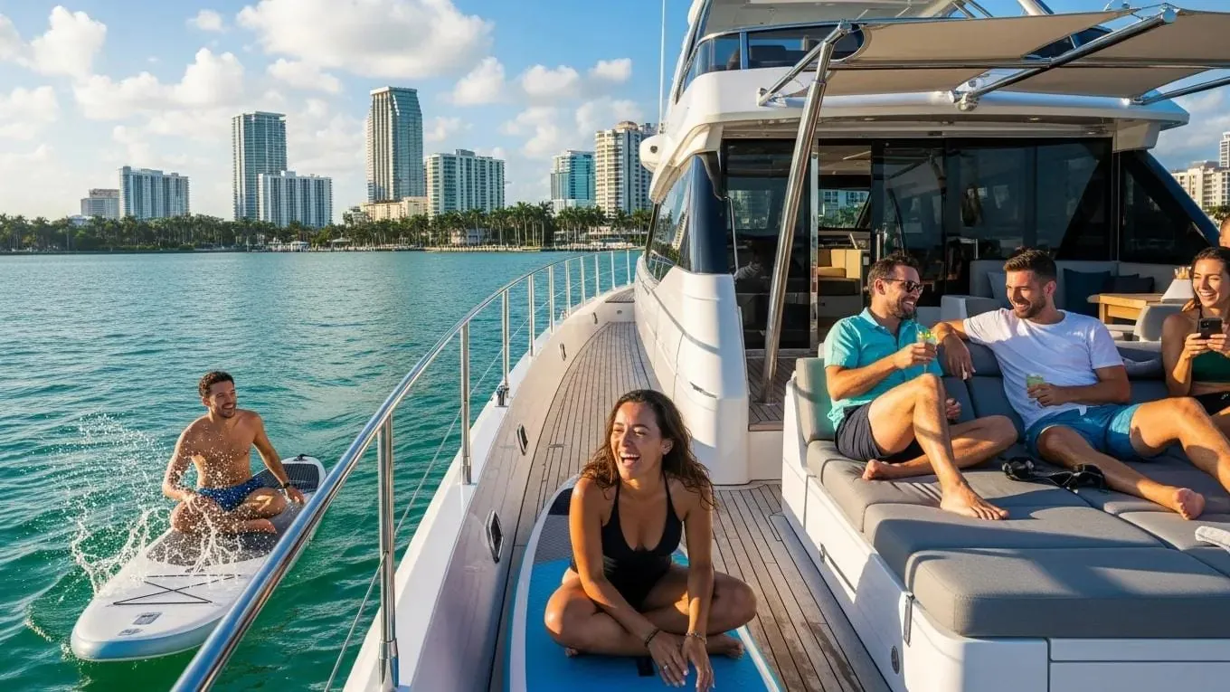 Group enjoying custom yacht charter activities like swimming and relaxation aboard a luxury vessel in Fort Lauderdale