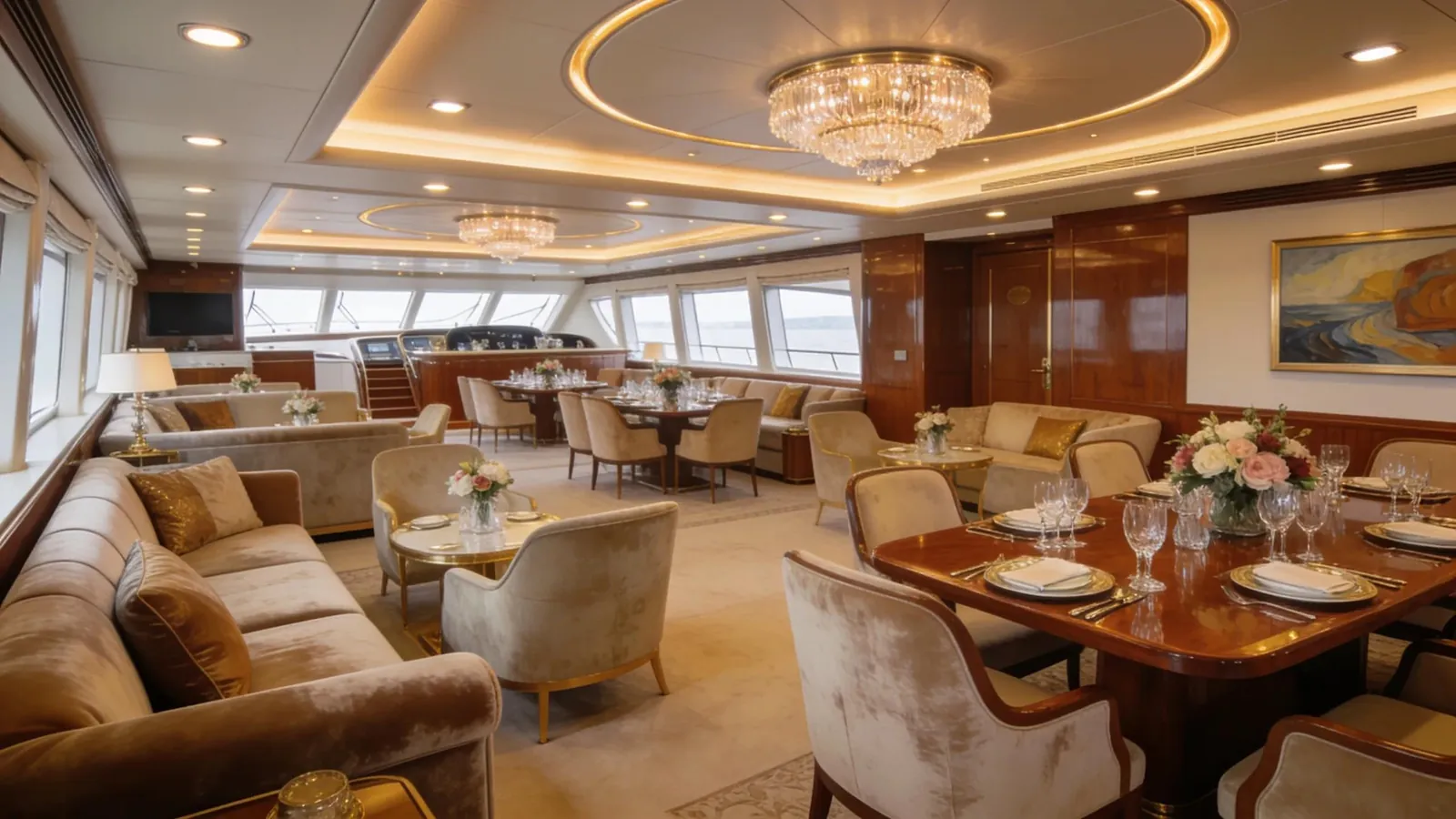 Interior of a spacious yacht designed for events, illustrating yacht capacity options for guests Interior of a spacious yacht designed for events, illustrating yacht capacity options for guests