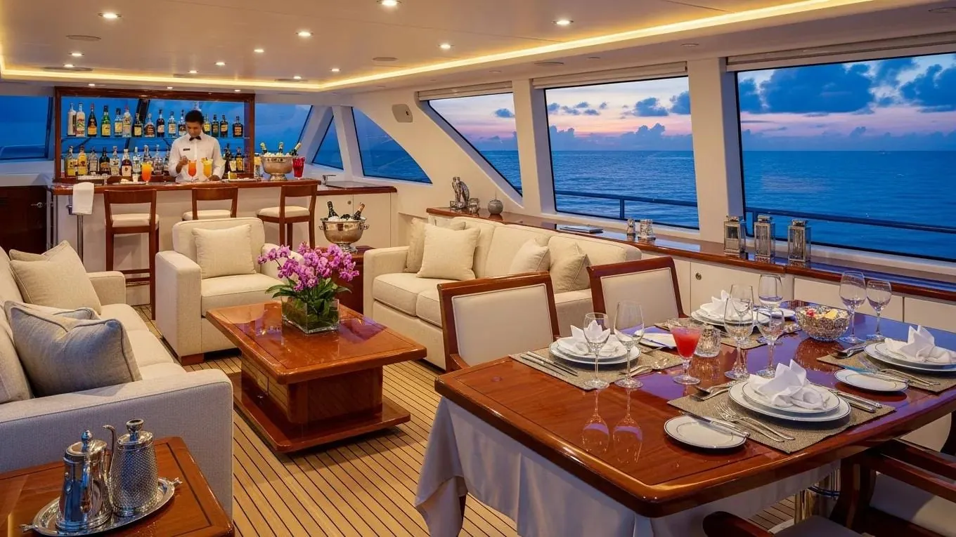 Luxurious onboard amenities including seating areas and refreshments on a luxury yacht charter