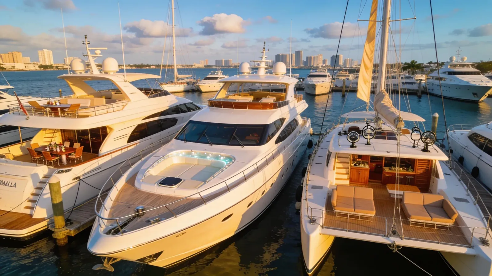 Variety of luxury yachts docked showcasing unique features and styles at Fort Lauderdale marina Variety of luxury yachts docked showcasing unique features and styles at Fort Lauderdale marina