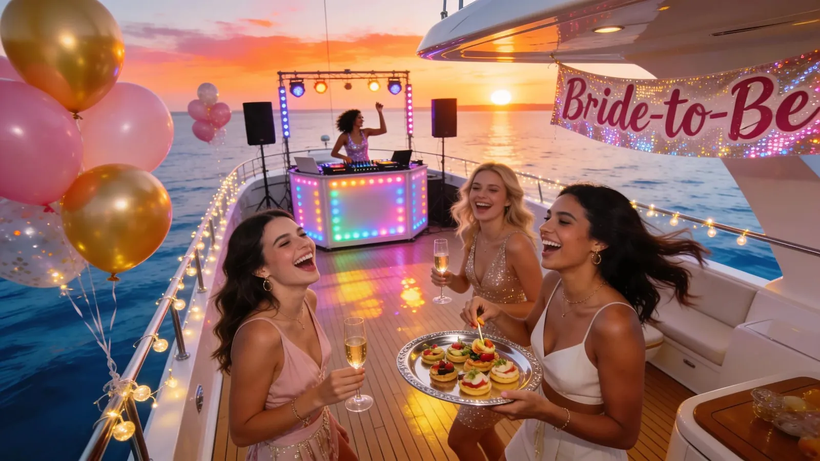Bachelorette party aboard a luxury yacht with festive decorations and sunset views Bachelorette party aboard a luxury yacht with festive decorations and sunset views