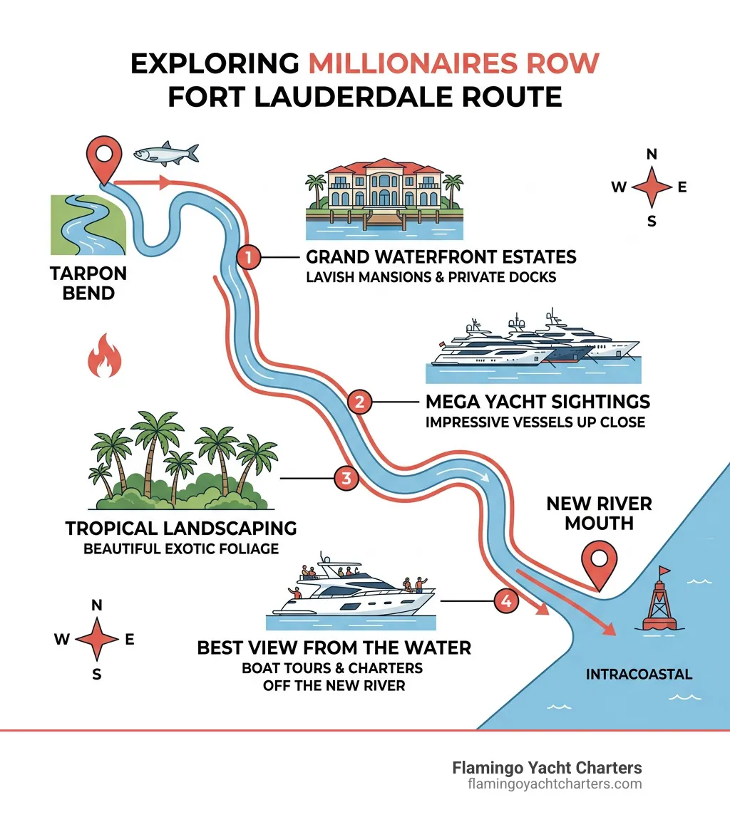Infographic showing Millionaires Row Fort Lauderdale route from Tarpon Bend to New River mouth with key highlights