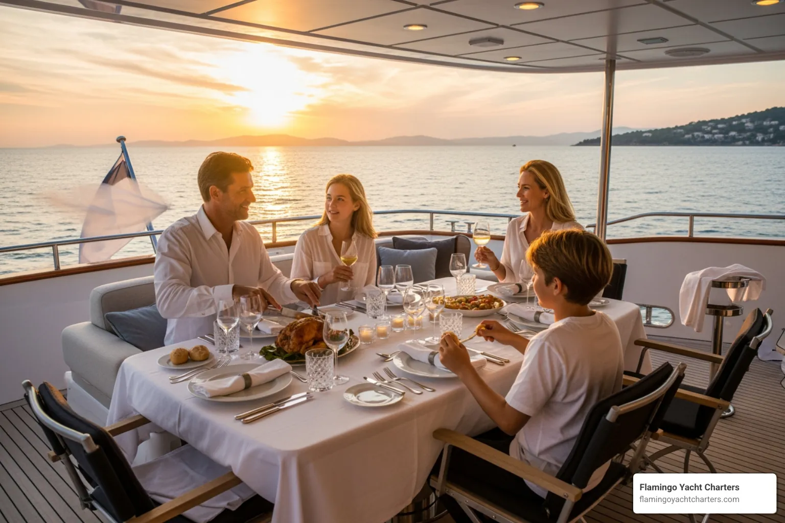 family enjoying a private dinner on the aft deck, surrounded by water views - Mother's Day dinner cruise