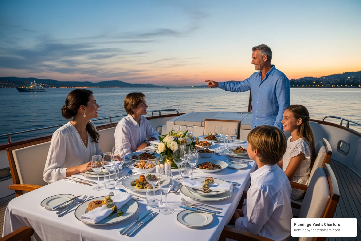 family enjoying dinner on a yacht - Mother's Day dinner cruise