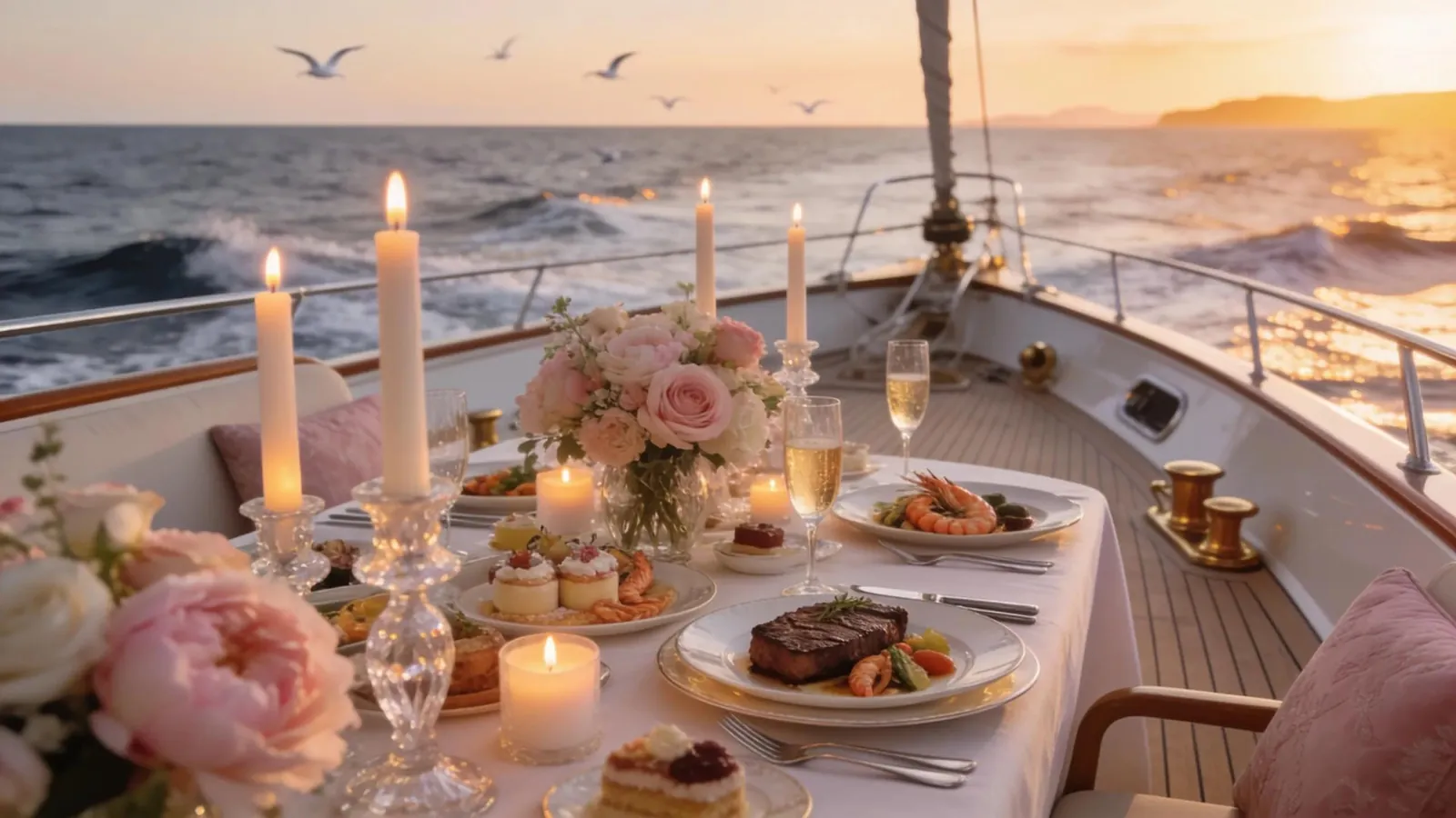 Romantic anniversary setup on a luxury yacht, emphasizing tailored charter packages for couples Romantic anniversary setup on a luxury yacht, emphasizing tailored charter packages for couples