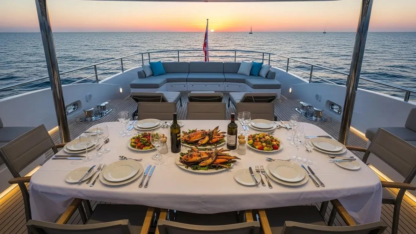 Spacious deck on a luxury yacht featuring sun loungers and a dining table with ocean views, emphasizing comfort and amenities