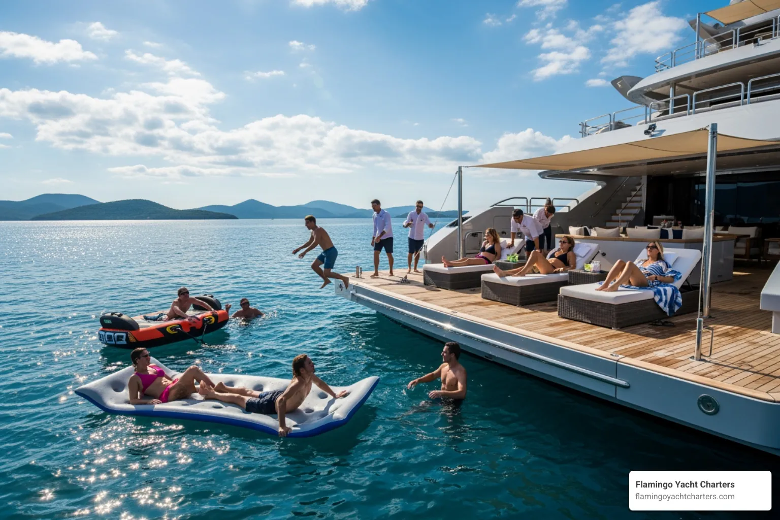 guests using water toys and relaxing on the swim platform - super yacht charter cost guests using water toys and relaxing on the swim platform - super yacht charter cost
