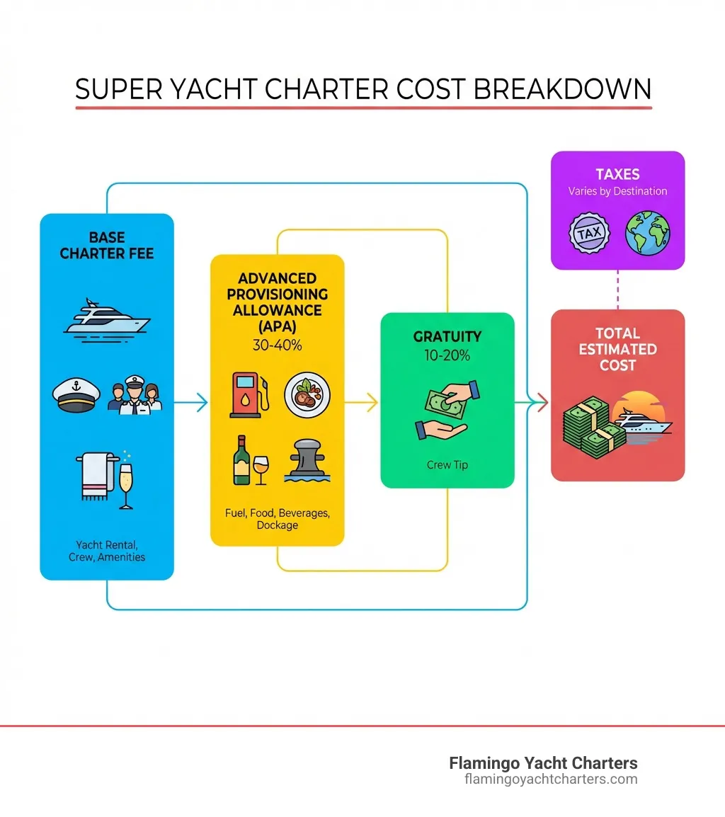 Infographic showing breakdown of super yacht charter cost components: Base Charter Fee (yacht rental, crew, amenities), Advanced Provisioning Allowance 30%–40% (fuel, food, beverages, dockage), Gratuity 10%–20% (crew tip), and Taxes (varies by destination) - super yacht charter cost infographic Infographic showing breakdown of super yacht charter cost components: Base Charter Fee (yacht rental, crew, amenities), Advanced Provisioning Allowance 30%–40% (fuel, food, beverages, dockage), Gratuity 10%–20% (crew tip), and Taxes (varies by destination) - super yacht charter cost infographic