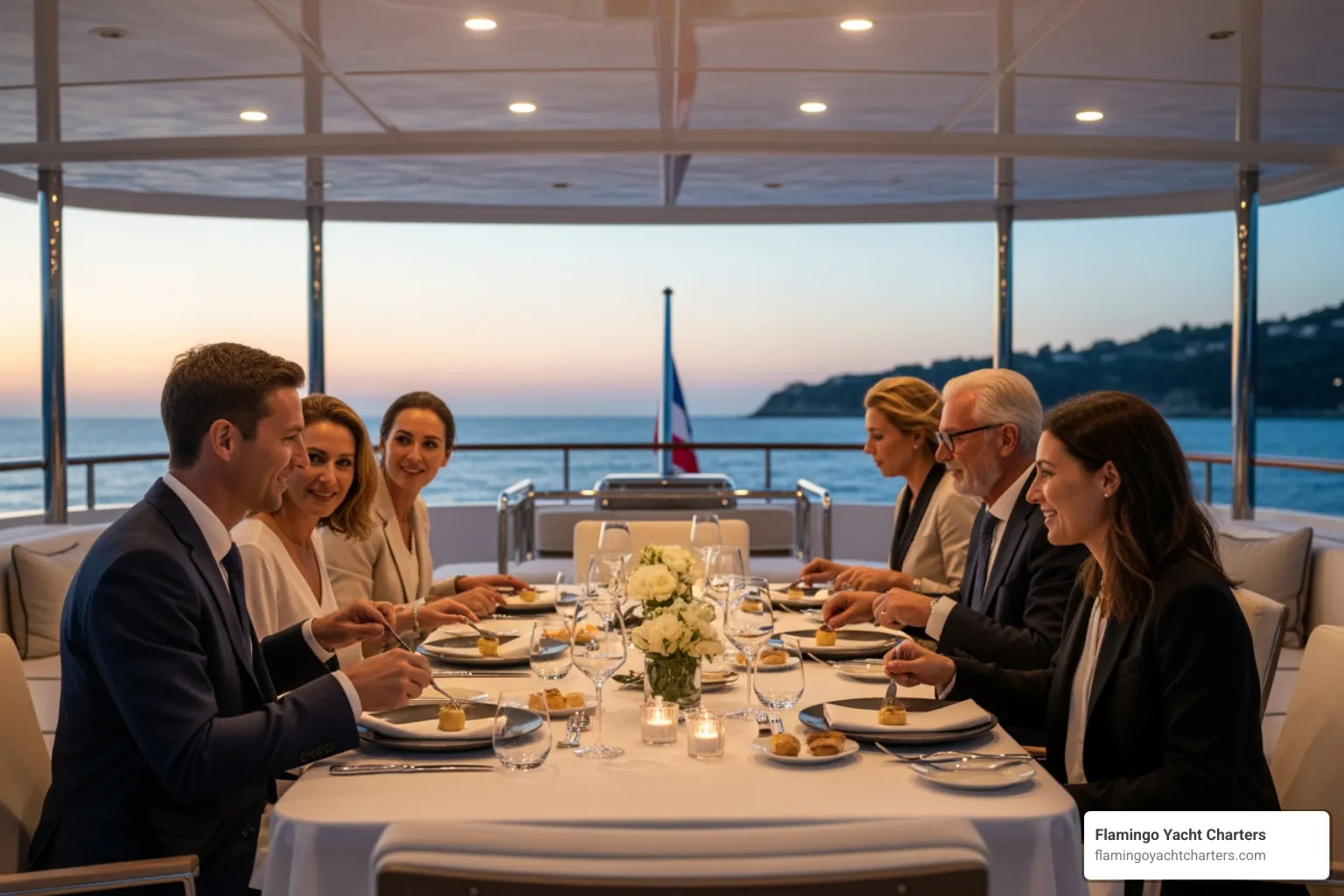 guests enjoying a private dinner on the yacht’s deck - super yacht charter cost guests enjoying a private dinner on the yacht’s deck - super yacht charter cost