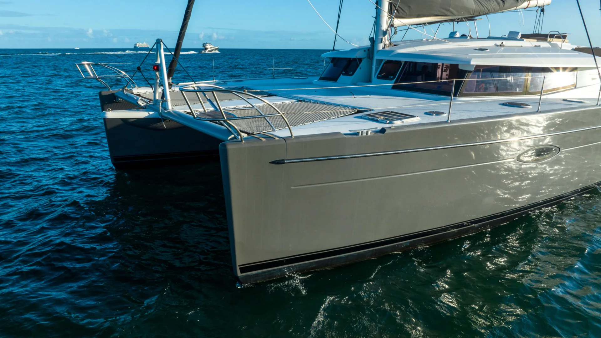 Fountaine Pajot port bow and bridgedeck photographed on open water