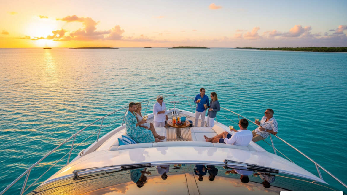 Guests enjoying cocktails on the flybridge of a luxury yacht at sunset in the Sea of Abaco - Abacos luxury yacht vacation