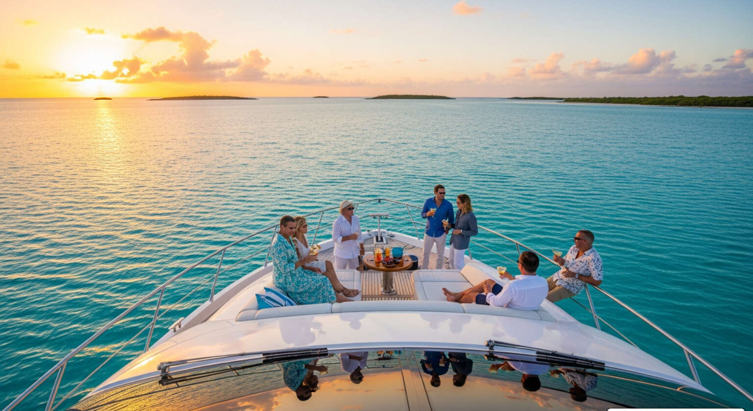 Guests enjoying cocktails on the flybridge of a luxury yacht at sunset in the Sea of Abaco - Abacos luxury yacht vacation