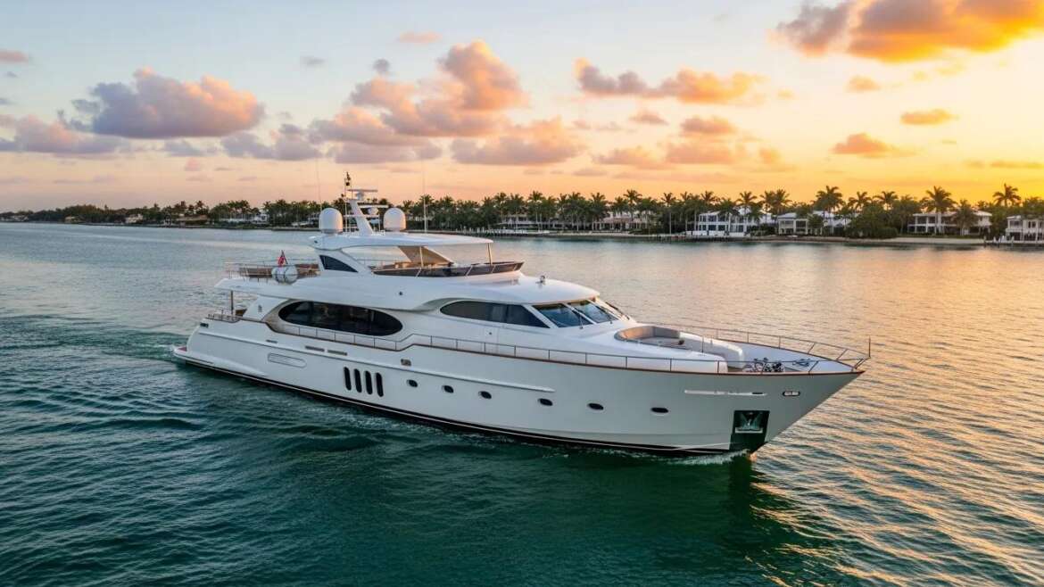Luxury yacht sailing at sunset in Fort Lauderdale's tranquil waters